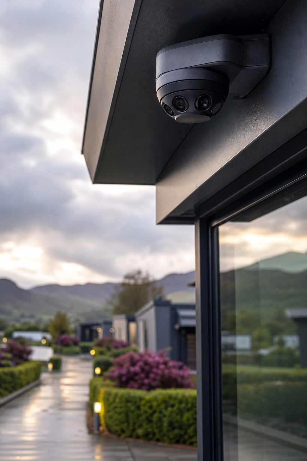 Modern multi-sensor CCTV camera overlooking a North Wales business site