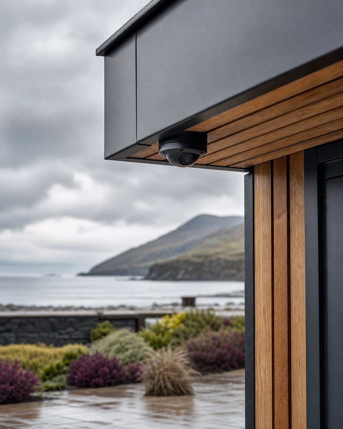 Modern low-profile CCTV camera installed on a contemporary North Wales property
